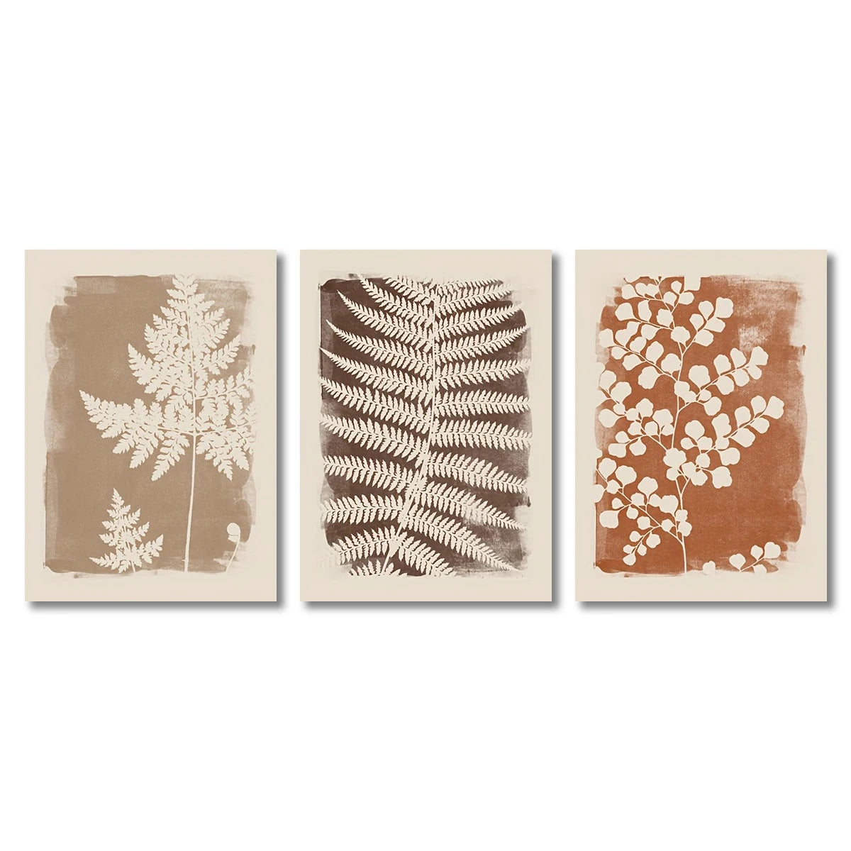 Three framed botanical prints with leaf patterns on a beige background