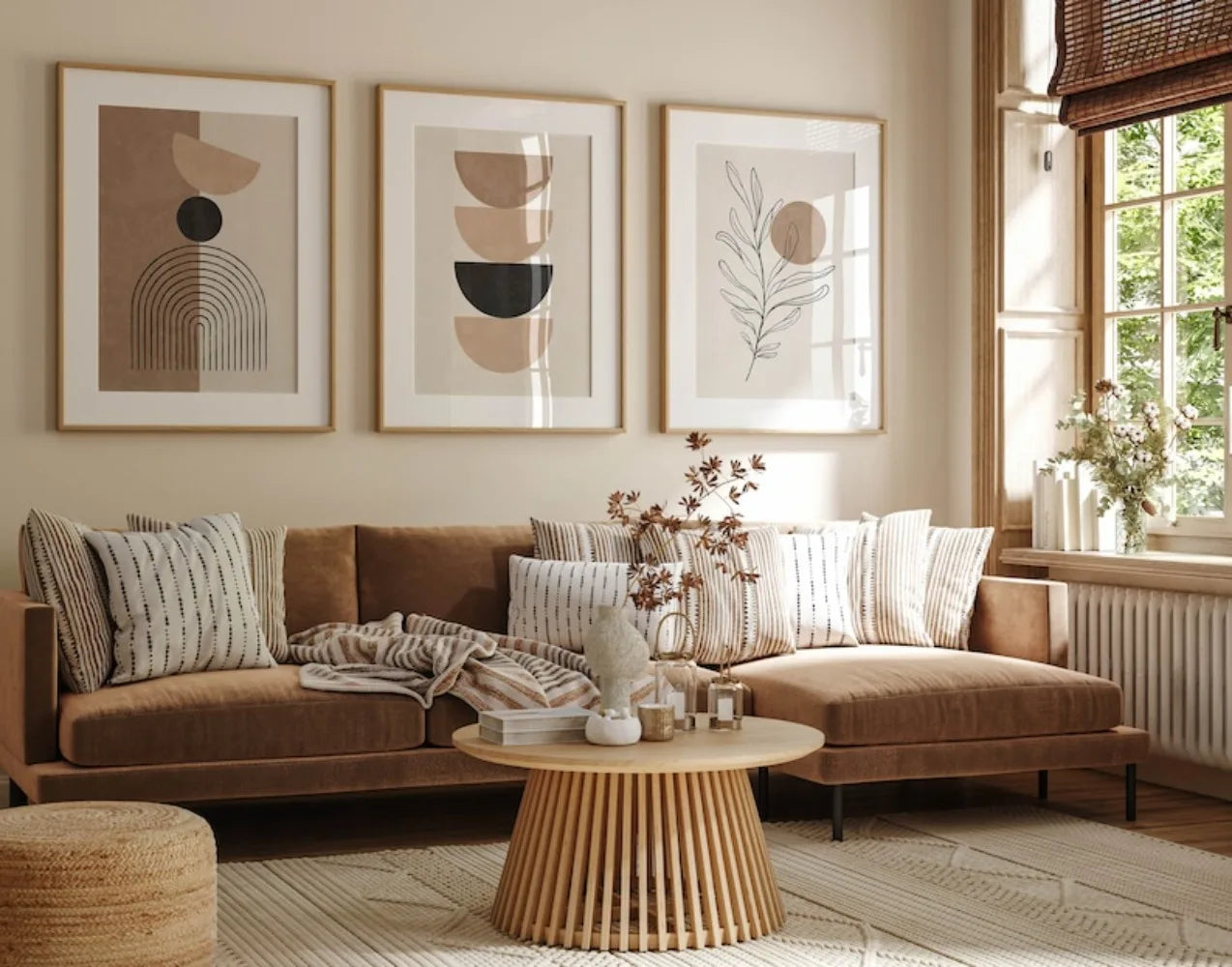 Living room with a brown sectional sofa, abstract art, and a wooden coffee table.