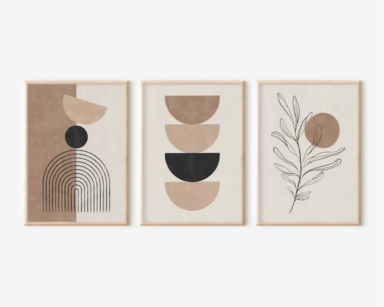 Three abstract art prints with geometric shapes on a white background