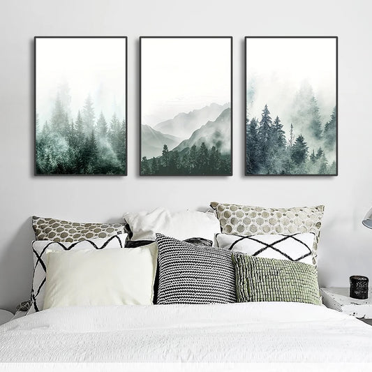 Set of 3Pcs Misty Mountain Forest Wall Art Fine Art Canvas Prints Modern Minimalist Nordic Landscape Pictures For Scandinavian Style Living Room Decor