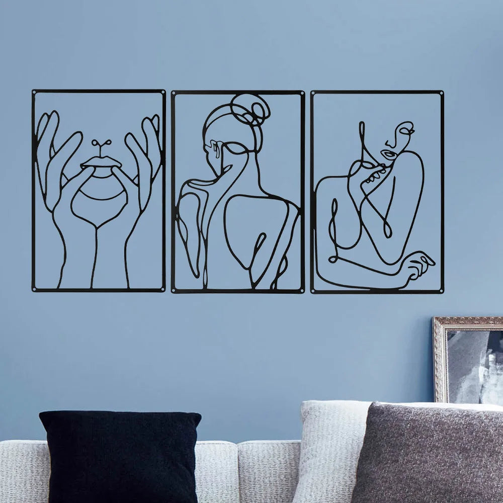 Set of 3Pcs Portraits Of A Lady Black Metal Wall Art 3d Iron Crafted Decorative Wall Plaques For Bedroom Living Room Boutique Salon Art Decor
