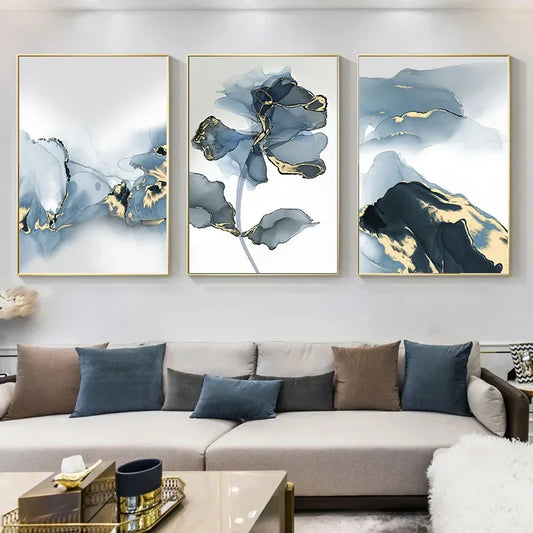 Set of 3Pcs Shades Of Blue Liquid Golden Marble Botanic Wall Art Fine Art Canvas Prints Modern Abstract Pictures For Living Room Nordic Bedroom Art Decor