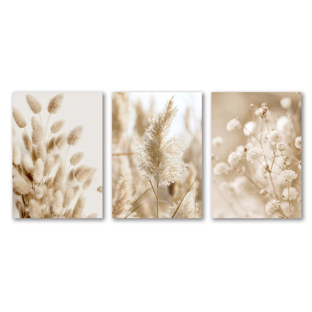 Set of three floral wall art pieces in sepia tones on a white background
