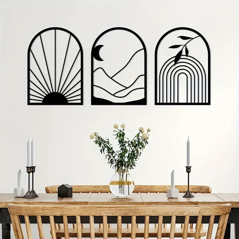 Set of 3Pcs Sun Moon Abstract Still Life Botanical Silhouettes Black Metal Wall Art 3D Sculptured Iron Craft Wall Decor For Living Room Dining Room Creative Home Decor 2025