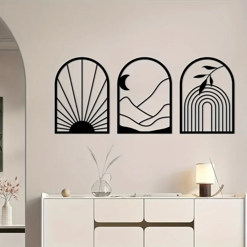 Set of 3Pcs Sun Moon Abstract Still Life Botanical Silhouettes Black Metal Wall Art 3D Sculptured Iron Craft Wall Decor For Living Room Dining Room Creative Home Decor 2025