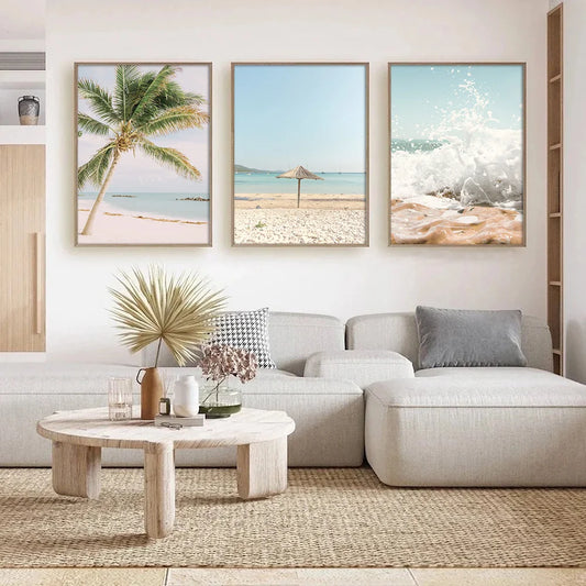 Set of 3Pcs Tropical Beach Sea Surf Palm Tree Travel Wall Art Fine Art Canvas Prints Pictures For Living Room Dining Room Home Office Art Decor