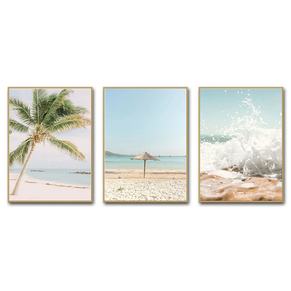 Set of 3Pcs Tropical Beach Sea Surf Palm Tree Travel Wall Art Fine Art Canvas Prints Pictures For Living Room Dining Room Home Office Art Decor