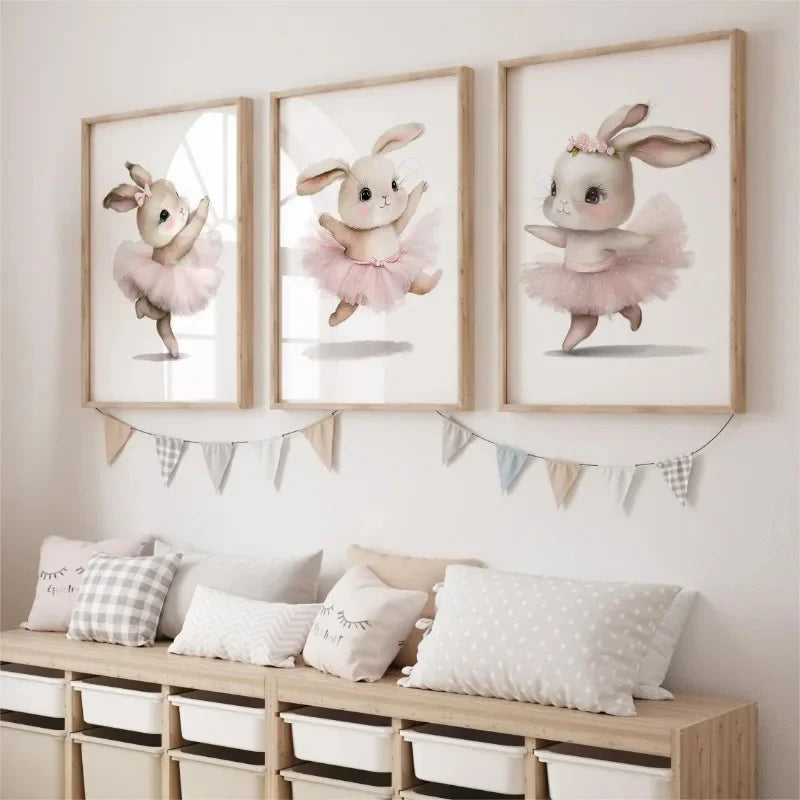 Set of Ballerina Bunny Canvas Prints – Woodland Animal Wall Art
