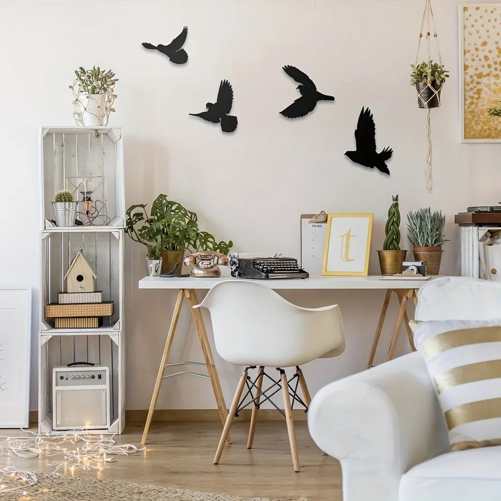 Set of 4Pcs Silhouetted Birds Black Metal Wall Art 3d Iron Crafted Nordic Wall Decoration For Living Room Dining Room Creative Home Decor