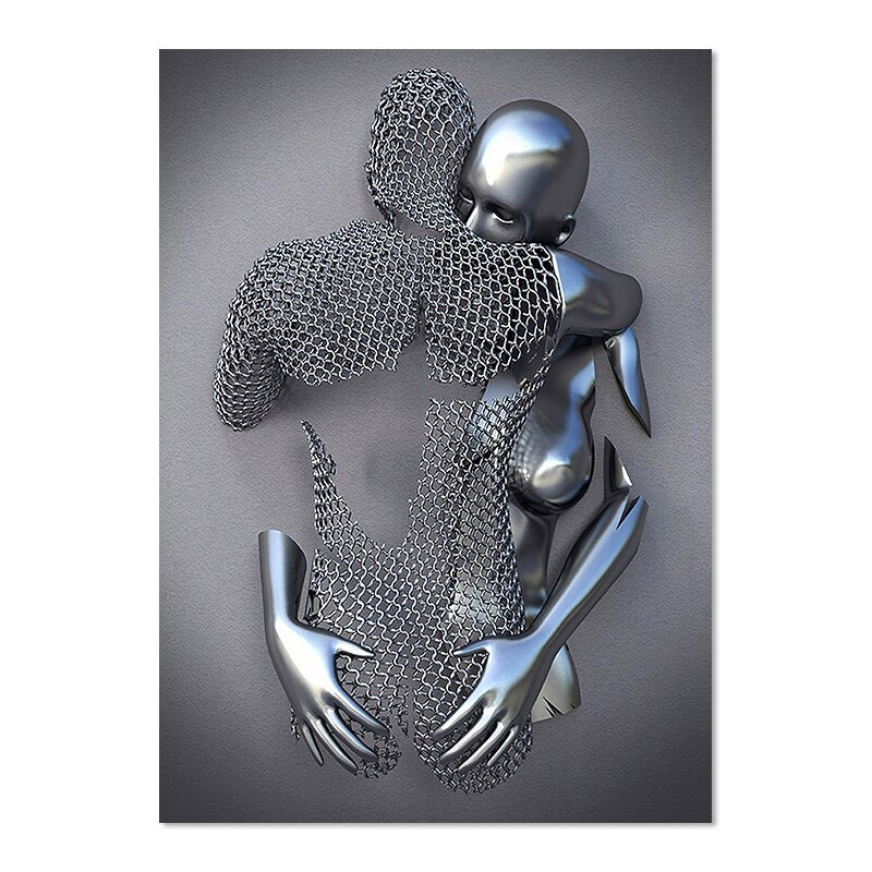 Gray Metallic 3d Effect Cyborg Lovers Figure Art Wall Art Fine Art Canvas Prints Abstract Pictures For Modern Loft Living Room Decor