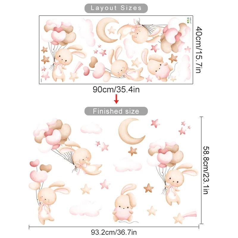 Pink Bunny Balloons Moon & Stars Wall Stickers For Kid's Room Removable Peel & Stick PVC Wall Decals For Creative DIY Children's Nursery Decor