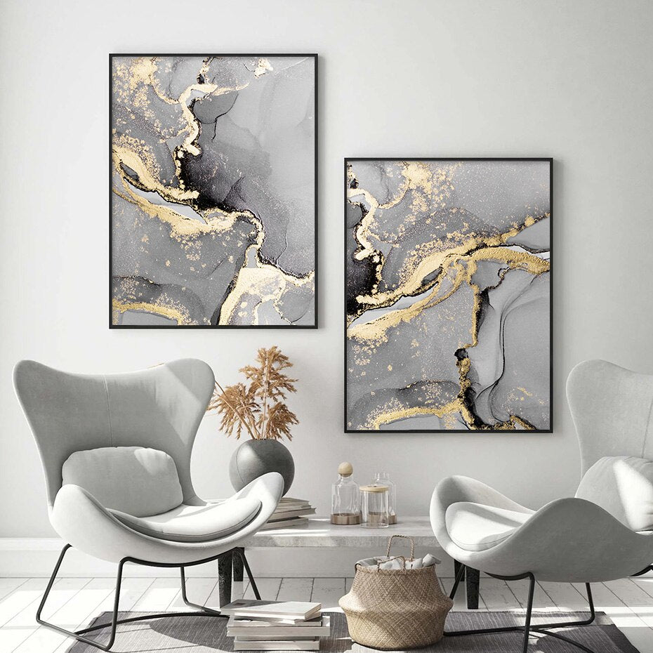 Black Gray Golden Liquid Marble Wall Art Fine Art Canvas Prints Modern Abstract Light Luxury Pictures For Living Room Home Office Decor