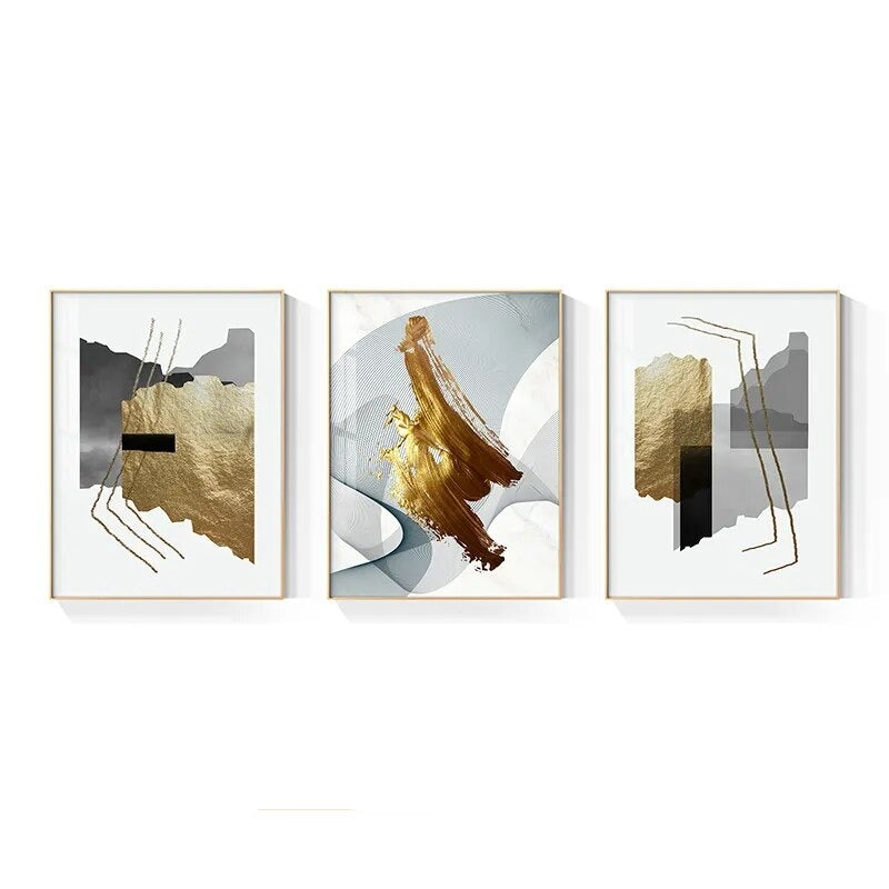 Modern Black Gray Golden Abstract Wall Art Fine Art Canvas Prints Pictures For Luxury Apartment Living Room Home Office Salon Art Decor