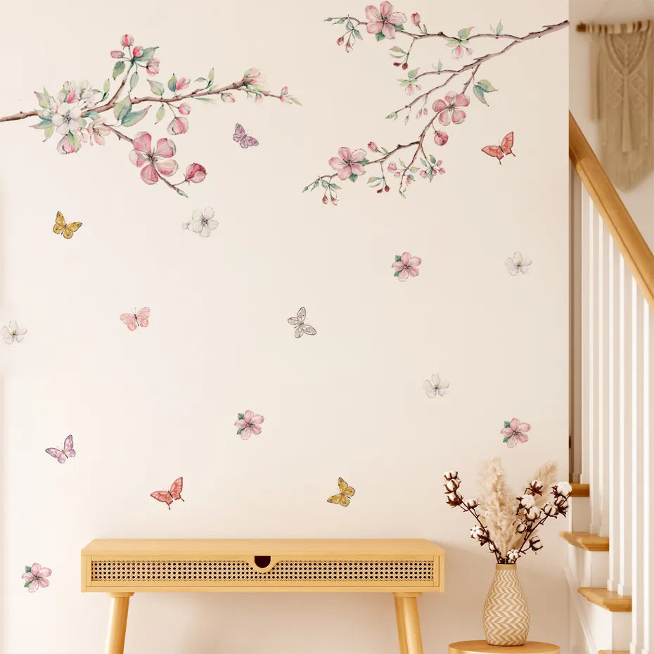Pink Flower Butterfly Tree Branch Wall Mural Sticker Removable Peel & Stick PVC Wall Decal For Kid's Nursery Room Creative DIY Home Decoration