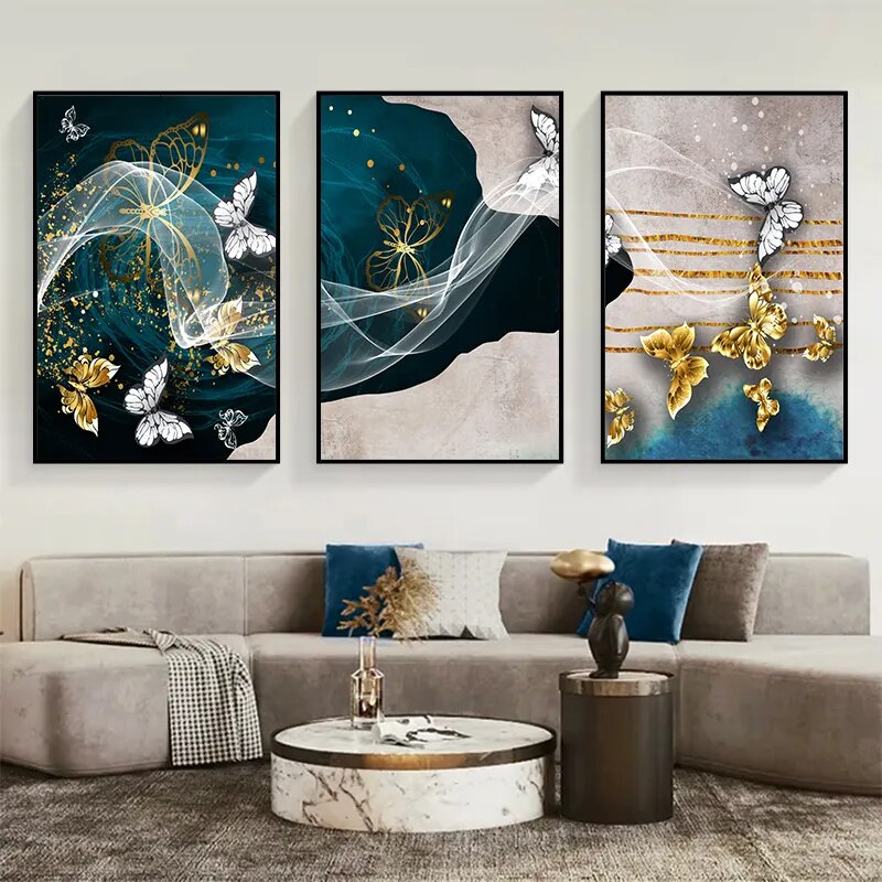 Blue Golden Butterflies Abstract Geometry Wall Art Fine Art Canvas Prints Modern Abstract Auspicious Pictures For Living Room Wall Decor