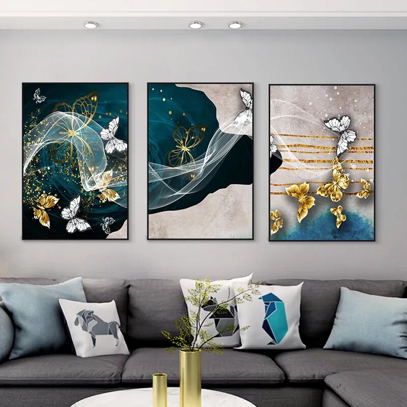 Blue Golden Butterflies Abstract Geometry Wall Art Fine Art Canvas Prints Modern Abstract Auspicious Pictures For Living Room Wall Decor