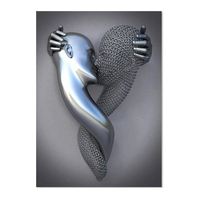 Gray Metallic 3d Effect Cyborg Lovers Figure Art Wall Art Fine Art Canvas Prints Abstract Pictures For Modern Loft Living Room Decor
