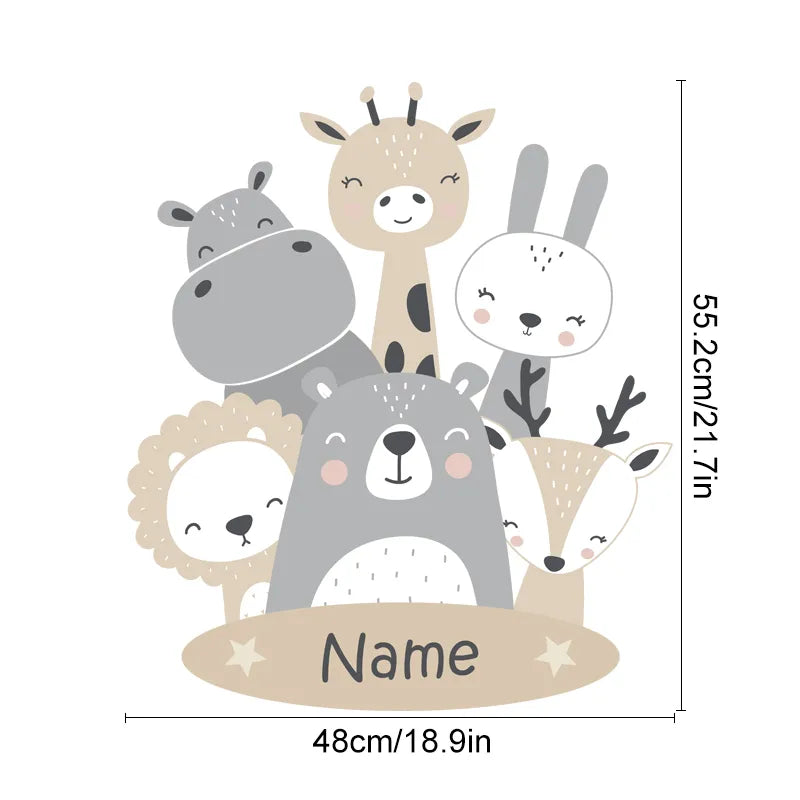 Cute Animals Baby Hippo Bear Lion Fox Deer Personalized Baby's Name Wall Decals Removable Peels & Stick PVC Wall Stickers For Nursery Wall Decor