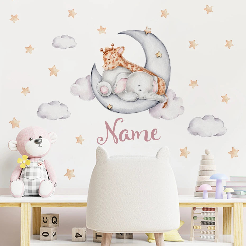 Personalized Baby's Name Wall Sticker For Nursery Room Cute Elephant Giraffe Moon & Stars Removable PVC Wall Decal For Kid's Room Wall Decor