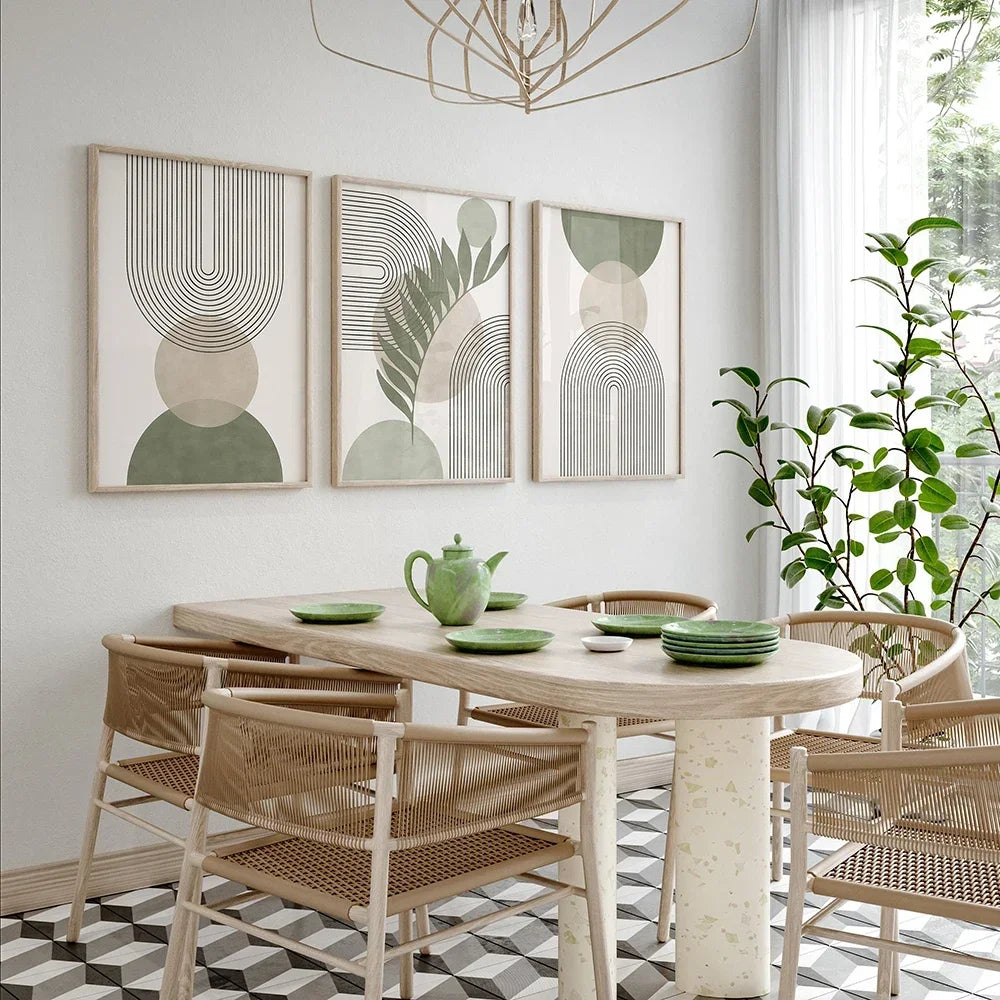 Set of 3Pcs Neutral Colors Beige Green Abstract Geometric Botanical Wall Art Fine Art Canvas Prints Pictures For Living Room Dining Room Art Decor