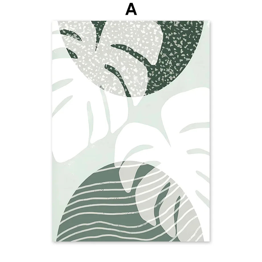 Decorative wall art with green leaf patterns on a white background