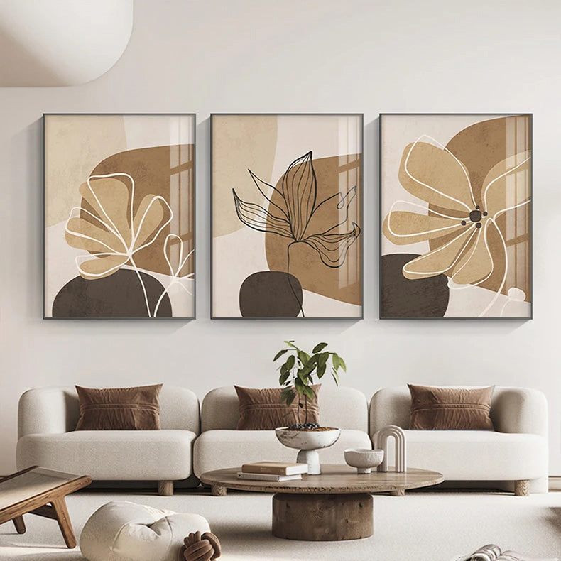 Simple Beige Brown Floral Abstract Wall Art Fine Art Canvas Prints Minimalist Pictures For Modern Apartment Living Room Bedroom Art For Contemporary Interiors