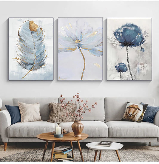 Simple Blue Floral Wall Art Fine Art Canvas Prints Modern Abstract Botanical Pictures For Living Room Bedroom Contemporary Home Decor