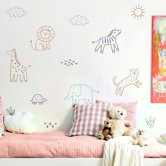 Simple Colorful Line Art Cartoon Animals Wall Decals - Removable Peel & Stick Wall Stickers For Nursery Room, Children's Bedroom, Creative DIY Home Decor