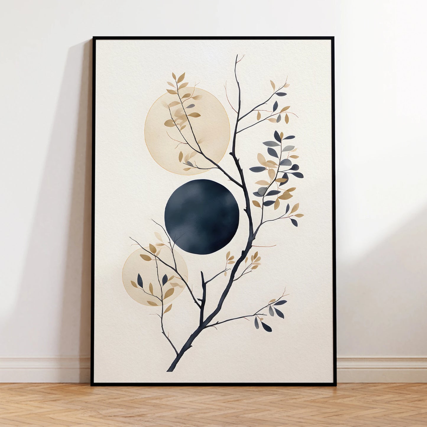 Framed artwork with abstract design of branches and circles on a white wall.