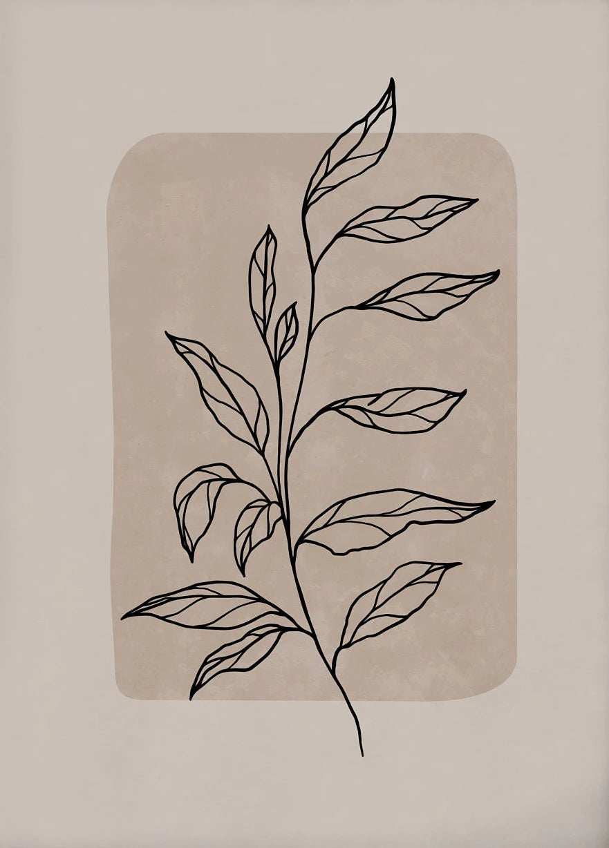 Line drawing of a leafy branch on a beige background