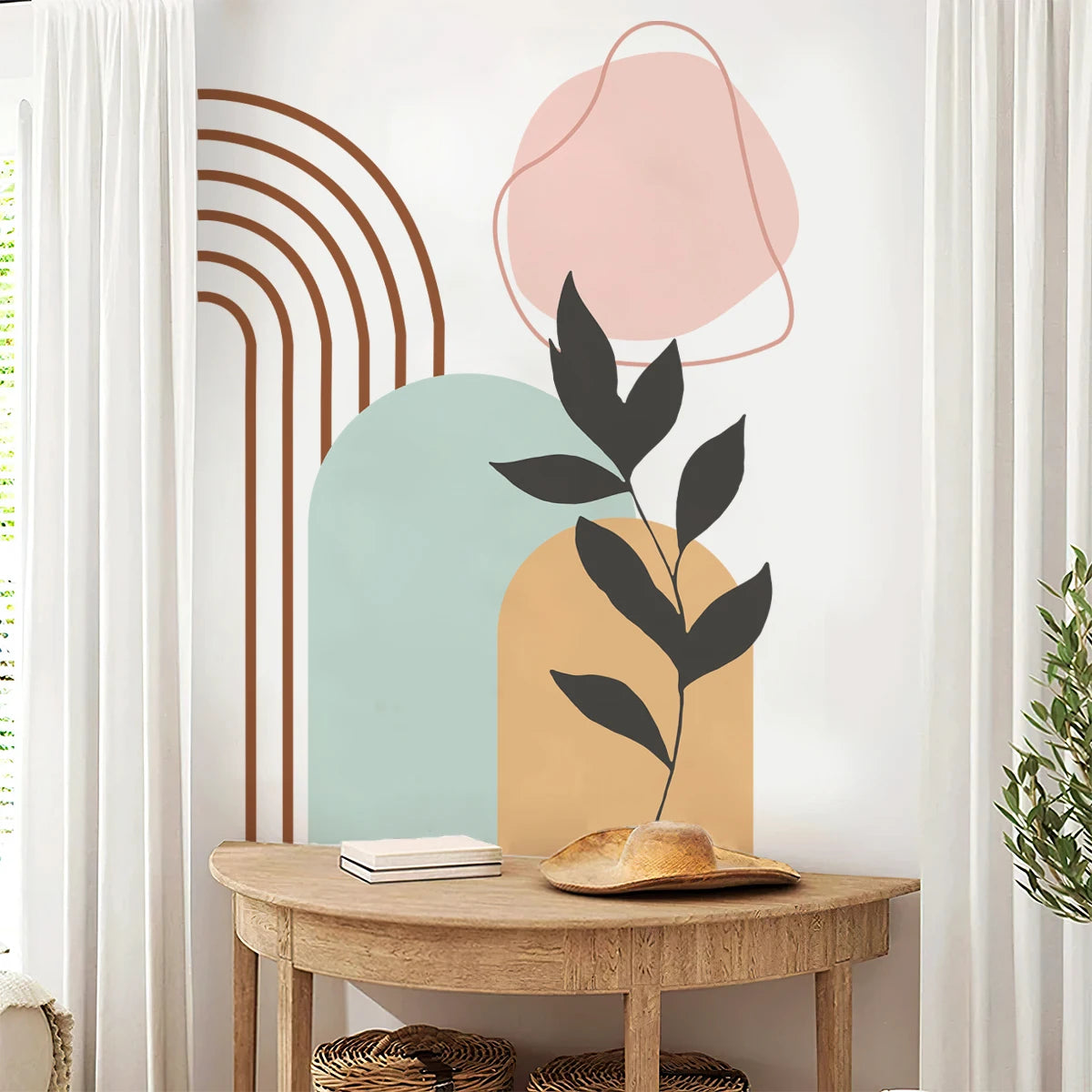 Soft Pastel Abstract Botanical Rainbow Arch Mural – Peel & Stick Vinyl Wall Decal Mural for Bedroom, Living Room, Creative DIY Home Decor