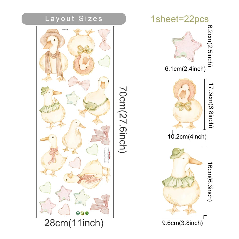 Sheet of decorative stickers with duck designs and measurements on a white background