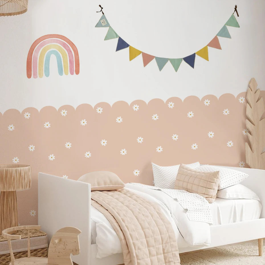 Soft Pastel Daisy Bloom Scalloped Wall Mural Wallpaper – Peel & Stick Floral Wall Decals for Nursery, Kids Room, or Girls Bedroom, Creative DIY Home Decor