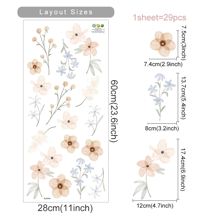 Floral wall sticker with layout sizes and dimensions on a white background