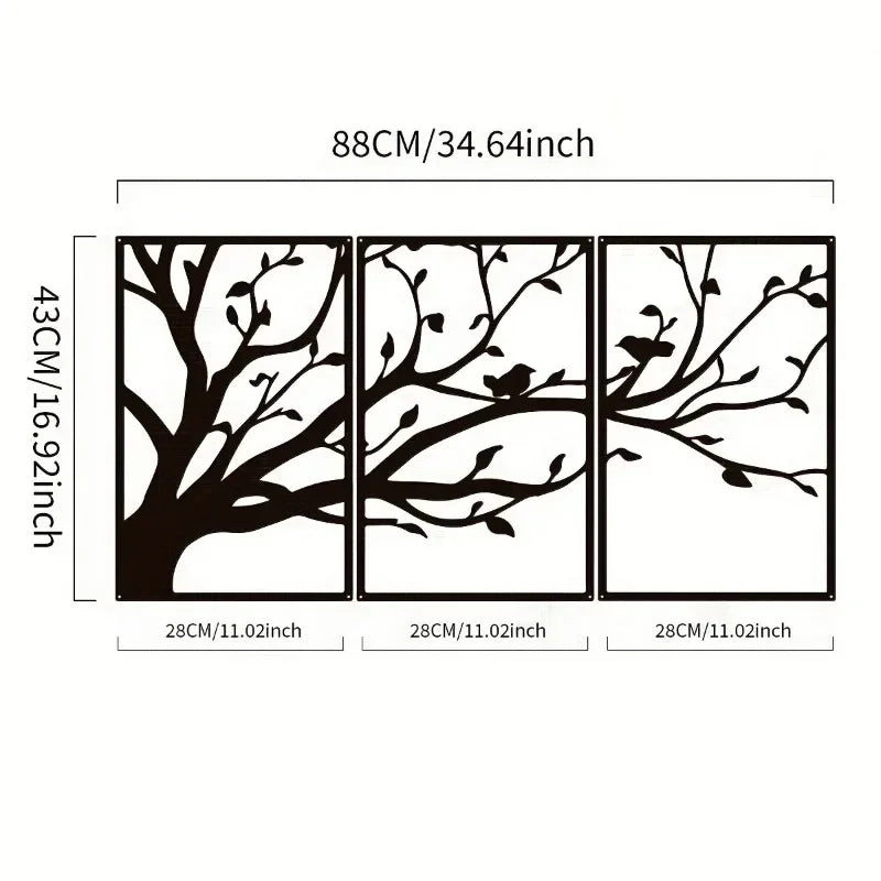 Tree Of Life Iron Art Wall Art 3D Metal Sculptured Birds On Branches Wall Decoration For Living Room Dining Room Creative Contemporary Nordic Home Decor - Set of 3Pcs