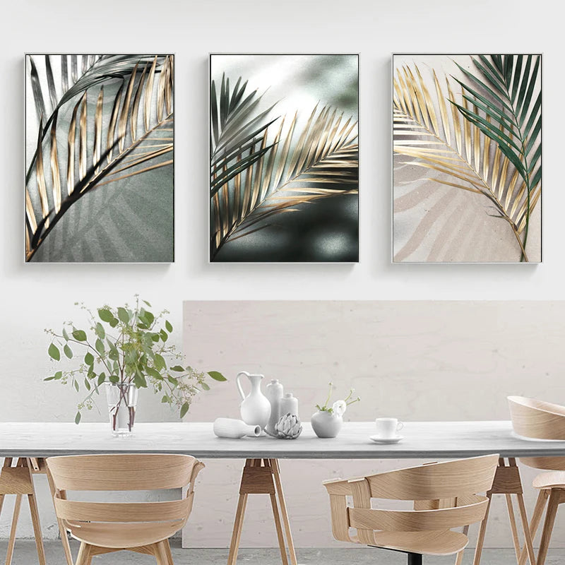 Tropical Green Golden Palm Leaves Wall Art Fine Art Canvas Prints Modern Botany Posters Pictures For Living Room Dining Room Decor