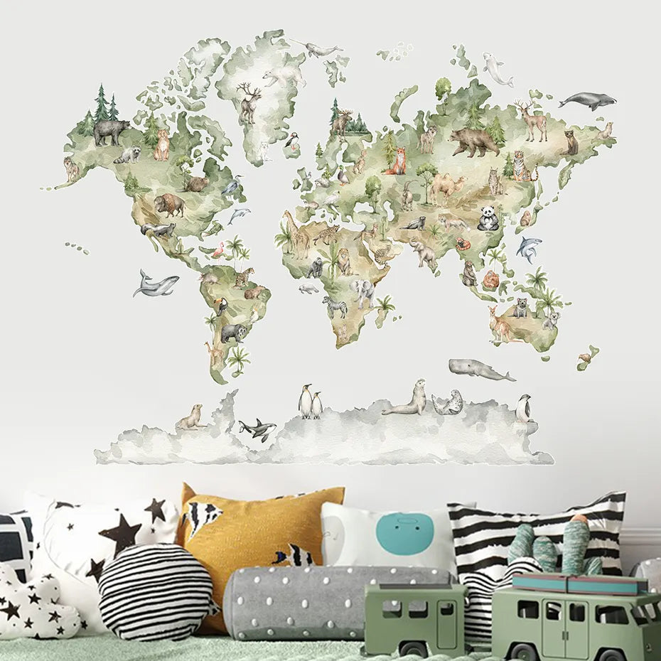Wildlife Of The World Watercolor Map Wall Sticker For Kid's Playroom Removable PVC Wall Decal Mural For Creative DIY Children's Room Decoration