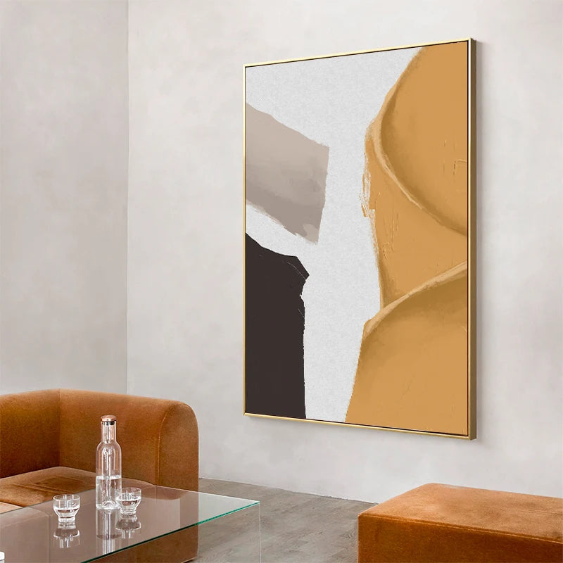 Vibrant Abstract Geometric Wall Art Fine Art Canvas Print - Mustard Yellow, Beige, White, Black - Minimalist Modern Wall Art for Contemporary Interiors