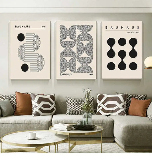 Vintage Retro Bauhaus Abstract Geometric Wall Art Fine Art Canvas Prints Black Beige Pictures For Living Room Dining Room Home Office Decor