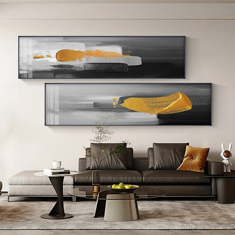 Nordic Abstract Wide Format Wall Art Thick Brush Gold Black Grey Fine Art Canvas Print Pictures For Above The Sofa Above The Bed
