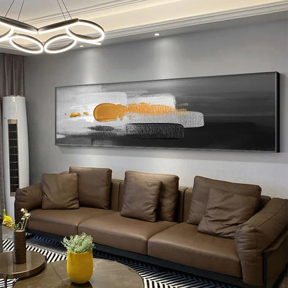 Nordic Abstract Wide Format Wall Art Thick Brush Gold Black Grey Fine Art Canvas Print Pictures For Above The Sofa Above The Bed