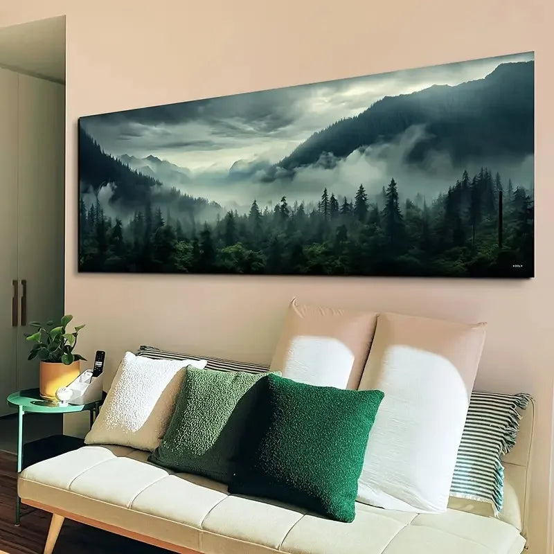 Sofa with decorative pillows in a room with a large mountain landscape painting on the wall.