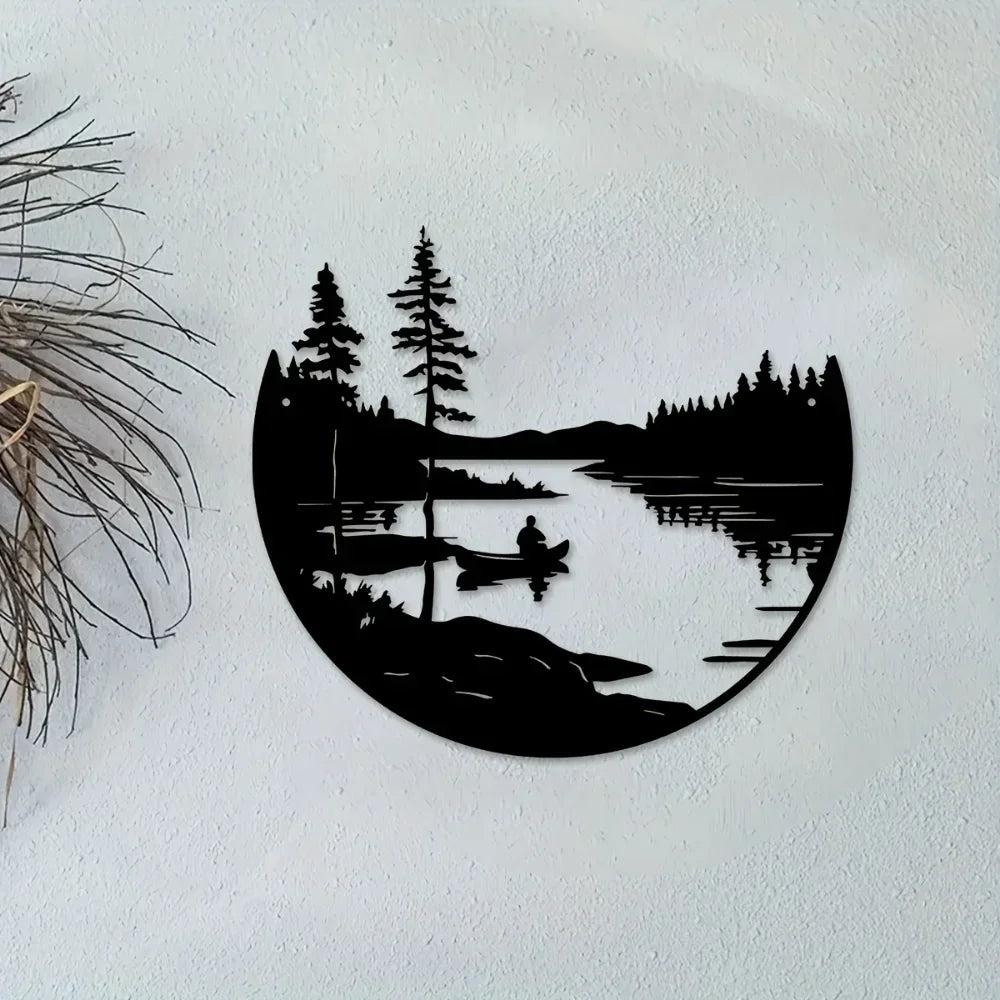 Wilderness Lake Forest Silhouette Black Metal Wall Art 3D Iron Craft Wall Decororation For Wood Cabin Living Room Creative Nordic Home Decor