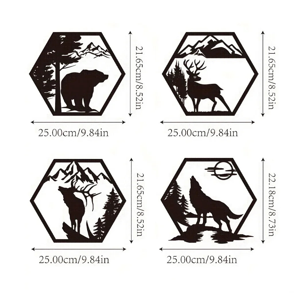 Wolf Mountain Deer Bear 3D Black Metal Hex Wall Plaque Iron Craft Wall Art Decor For Living Room Dining Room Creative Nordic Home Decor