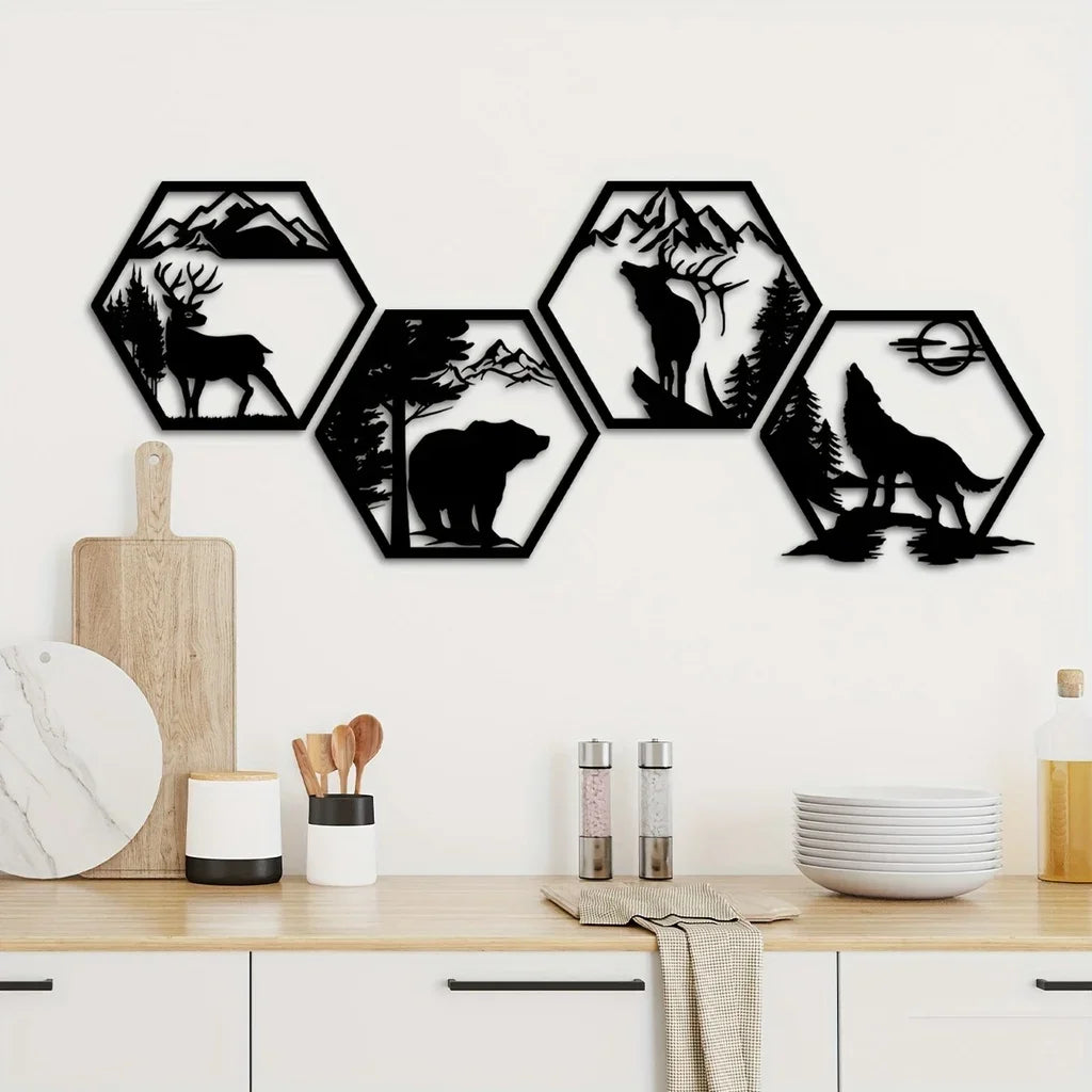 Wolf Mountain Deer Bear 3D Black Metal Hex Wall Plaque Iron Craft Wall Art Decor For Living Room Dining Room Creative Nordic Home Decor