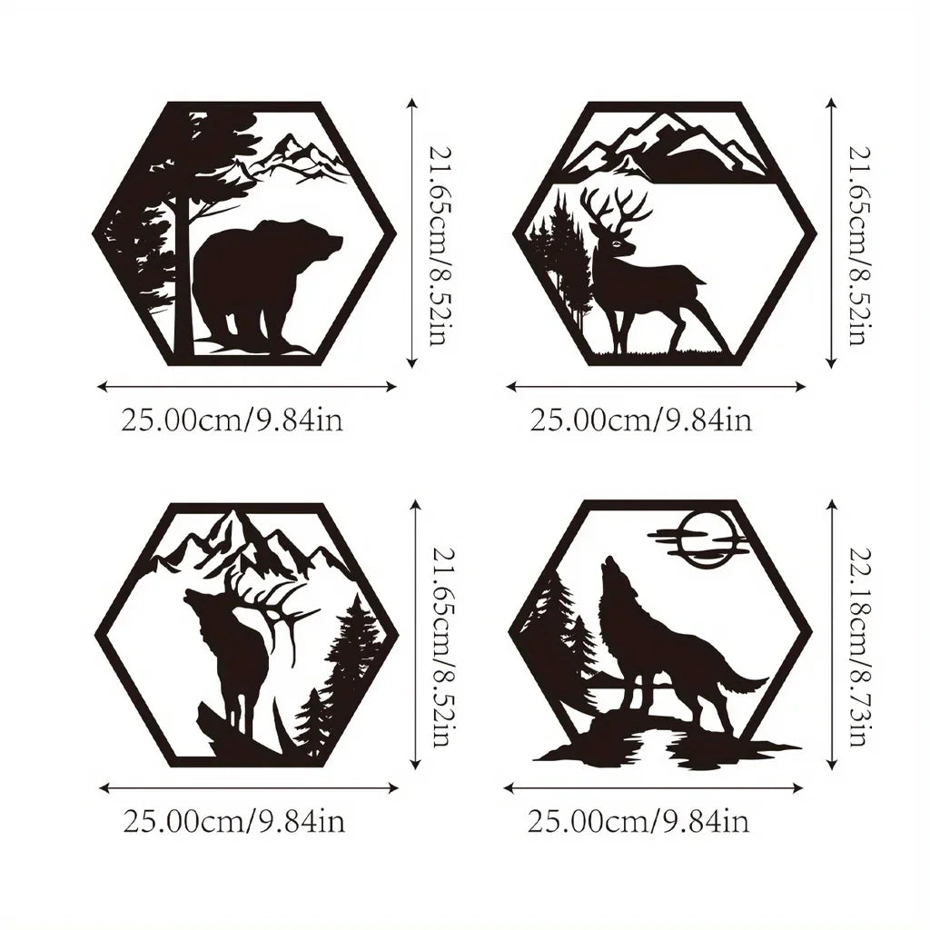 Wolf Mountain Deer Bear 3D Black Metal Hex Wall Plaque Iron Craft Wall Art Decor For Living Room Dining Room Creative Nordic Home Decor