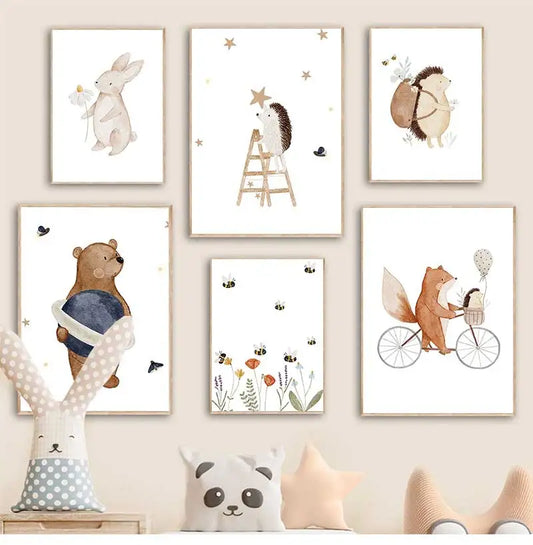 Woodland Animals Cute Nursery Decor Wall Art Fine Art Canvas Prints Hedgehog Bear Fox Bunny Posters For Baby's Room