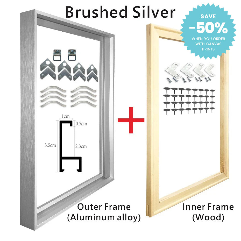 Metal Picture Frame Brushed Gold Silver Black 50x70, 60x90, 70x100cm etc, For Framing Canvas Prints - Brushed Gold, Purple Gold, Titanium Gold, Brushed Black, Brushed Silver, Aluminium Frame Kits Complete With Wooden Inner Frame