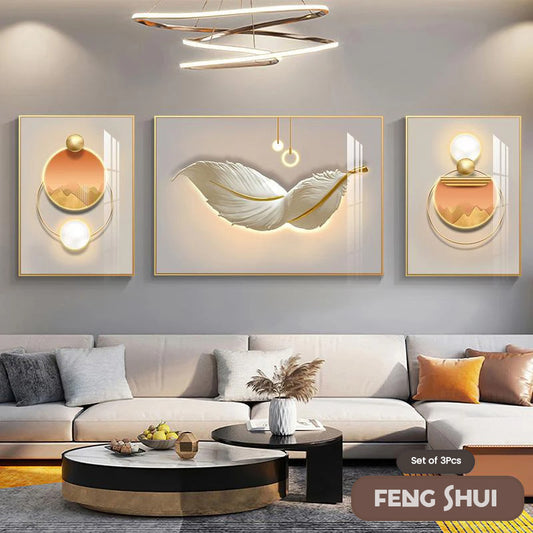 Modern Aesthetics Triptych Set of 3 Light Luxury Feather Abstract Wall Art Fine Art Canvas Prints Feng Shui Pictures For Modern Living Room