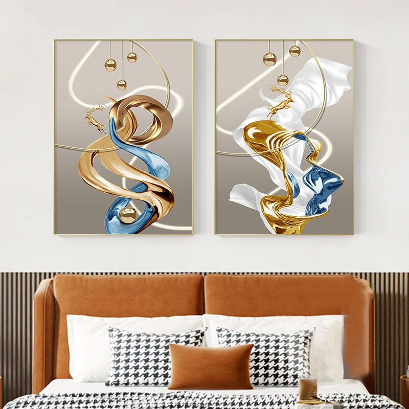 Abstract Flowing Ribbon Golden Deer Wall Art Fine Art Canvas Prints Auspicious Nordic Pictures For Luxury Living Room Home Entrance Hallway Art Decor